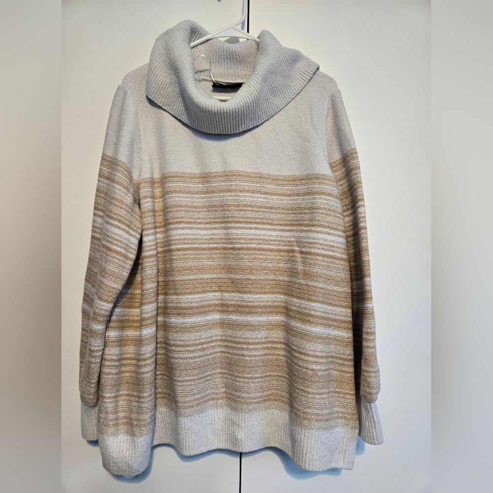 Lane Bryant Cream & Tan‎ Striped Cowl Neck Sweater